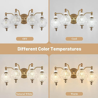 Vintage Bathroom Vanity Light, 4-Light Mid Century Matte Antique Brass Finish Wall Sconce with Globe Glass Shades, Retro Mirror Light for Bathroom, Powder Room