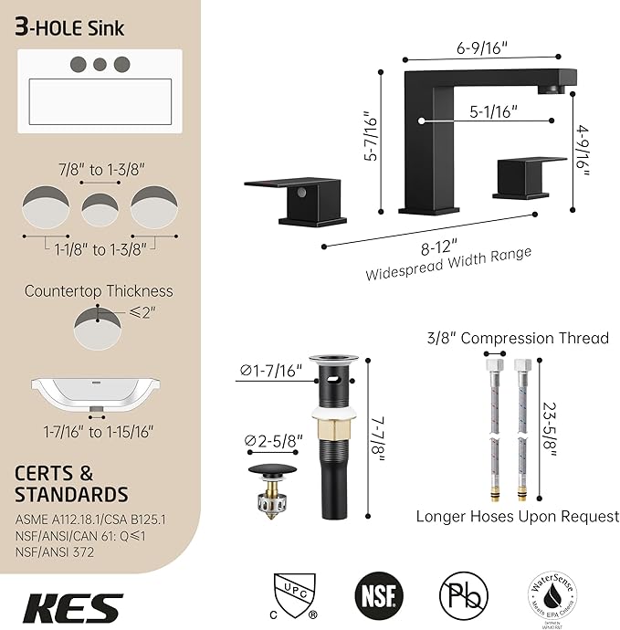 KES All Metal Black Bathroom Faucets with Pop Up Sink Drain with Overflow, 8 Inch Widespread Bathroom Faucet 3 Hole Vanity, SUS 304 Stainless Steel Matte Black, L4350LFF12-BK-C1