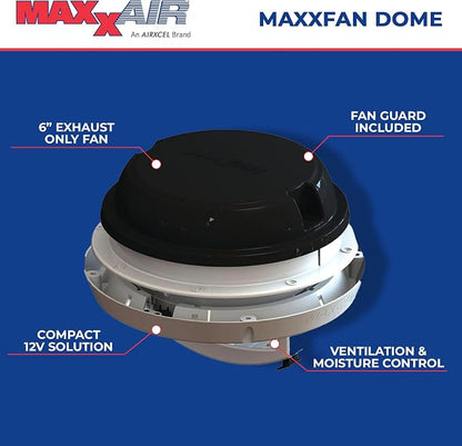MAXXAIR Maxxfan Dome Plus with LED Light, 6"" Round 12V Ventilation Fan - Compact Solution for Rooftop or Sidewall Ventilation, Exhaust Only, Fan Guard Rain Shield, Moisture Control, Black (00-03810B)