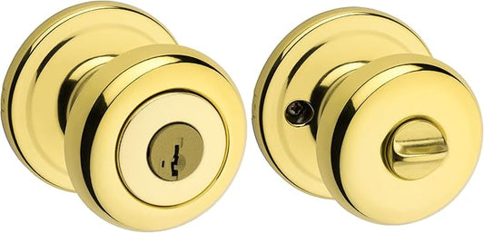 Kwikset Juno Entry Door Knob with Lock and Key, Secure Keyed Handle Exterior, Front Entrance and Bedroom, Polished Brass, Pick Resistant SmartKey Rekey Security