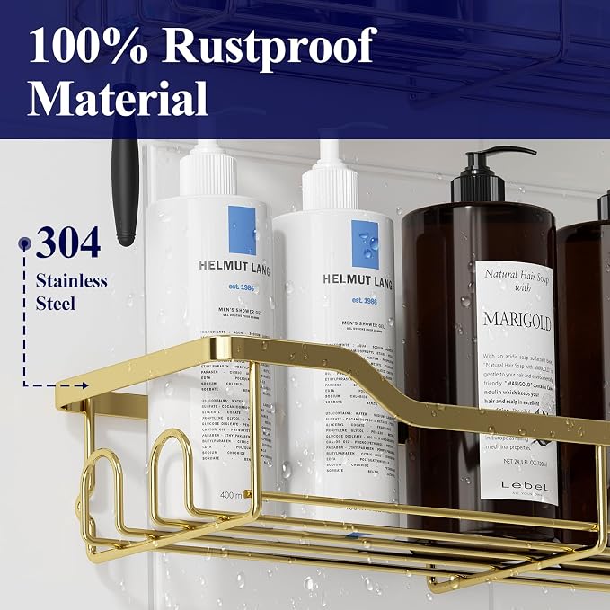 Kitsure Shower Caddy, Adhesive Shower Organizer, Large, Gold | Stainless Steel Shelf for Inside Shower, No Drill Bathroom Organizers and Storage, Home Decor Accessories