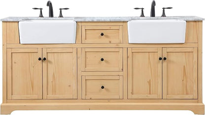 72" Pre-Assembled Bathroom Vanity with Sink, Solid Birch and MDF, Carrara White Marble Countertop Attached, Double Rectangle Porcelain Sink, 3 Soft-Close Drawers, Natural Wood