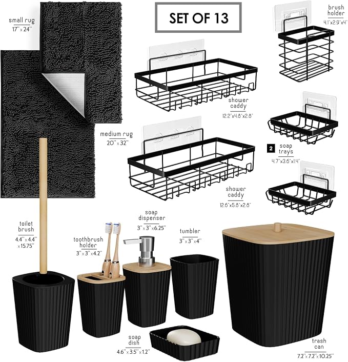 Clara Clark Bathroom Set - Black Bathroom Accessories Set, 6PC Bathroom Accessory Set, Bathroom Sets with Bathroom Rugs, Adhesive Corner Shower Caddy Hanging, Toilet Brush, Trash Can & Soap Dispenser
