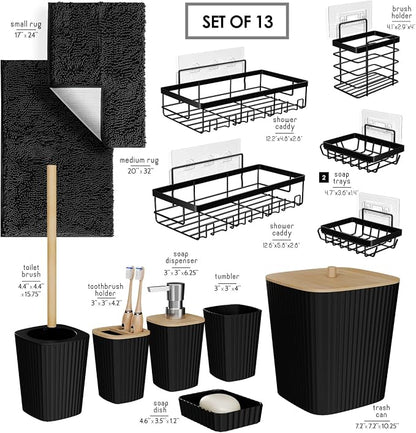 Clara Clark Bathroom Set - Black Bathroom Accessories Set, 6PC Bathroom Accessory Set, Bathroom Sets with Bathroom Rugs, Adhesive Corner Shower Caddy Hanging, Toilet Brush, Trash Can & Soap Dispenser