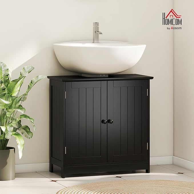 HOMCOM Under Sink Bathroom Cabinet, Pedestal Sink Storage Cabinet with 2 Doors, Shelf and U-Shape, Black