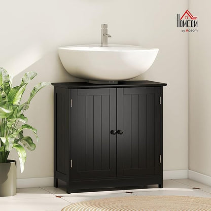 HOMCOM Under Sink Bathroom Cabinet, Pedestal Sink Storage Cabinet with 2 Doors, Shelf and U-Shape, Black