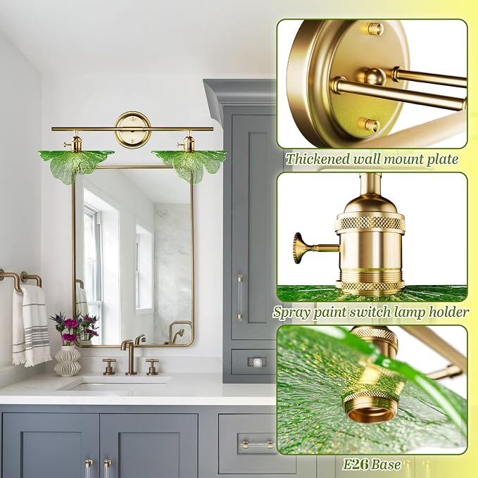 2 Light Vintage Wall Sconces with Glass Shades,Vanity Light,Bathroom Light,Wall Lighting Fixture for Mirror,Home Decor Art Wall Light (Golden+Green, 2-Lights)