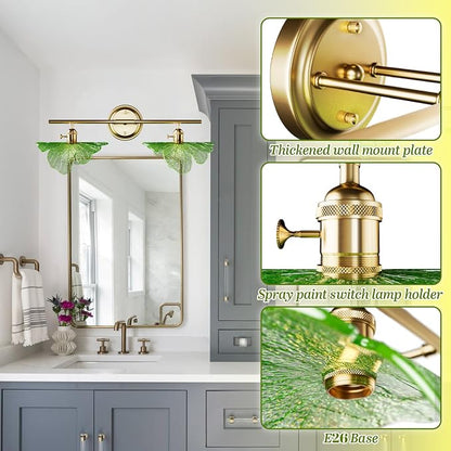2 Light Vintage Wall Sconces with Glass Shades,Vanity Light,Bathroom Light,Wall Lighting Fixture for Mirror,Home Decor Art Wall Light (Golden+Green, 2-Lights)