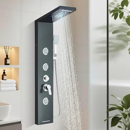 Fuz LED Shower Panel Tower System with Rainfall Waterfall Shower, Black Shower Tower with Jets and Rainfall and Handheld, 5 in 1 Stainless Steel Shower Column High Pressure with Tub Spout