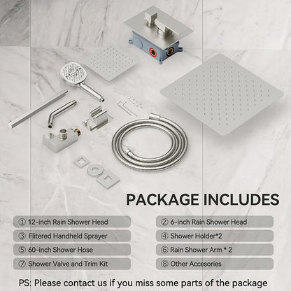 Shower System Brushed Nickel Shower Faucet Set, Dual Head Shower Set STARBATH 12'' +6'' Wall Mount Rainfall Shower Systems with Multifunctional Filtered Handheld Sprayer for Two Person