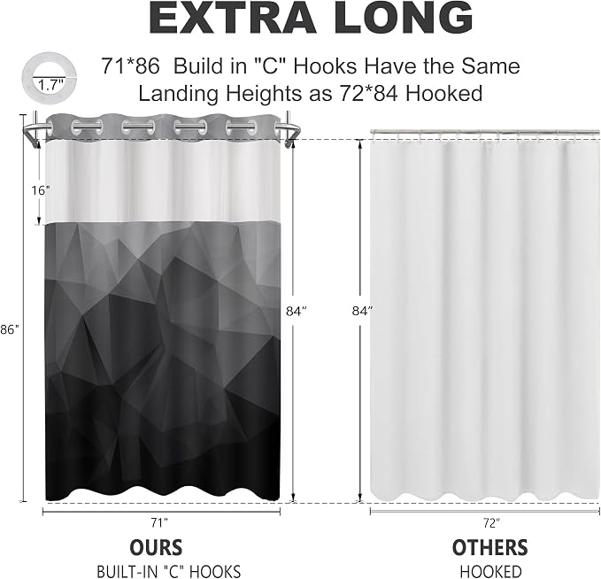 No Hook Shower Curtain with Snap in Liner Set, Black, 71x86 | Waterproof Fabric for Bathroom, Modern Hotel Style Ombre Design, Mesh Top Window, Machine Washable, Quick Install