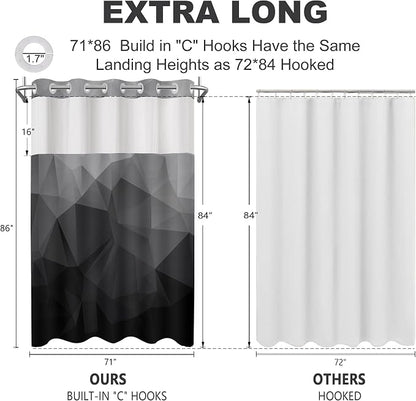 No Hook Shower Curtain with Snap in Liner Set, Black, 71x86 | Waterproof Fabric for Bathroom, Modern Hotel Style Ombre Design, Mesh Top Window, Machine Washable, Quick Install