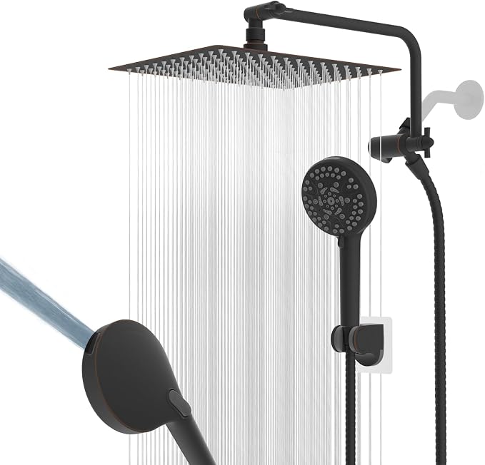 12" Metal Rainfall Shower Head with 10-Mode Handheld, Oil Rubbed Bronze | NSF/ANSI/CAN 372 Certified, High Pressure Showerhead Combo with 11" Adjustable Shower Arm, 71" Hose, Shower Head Holder