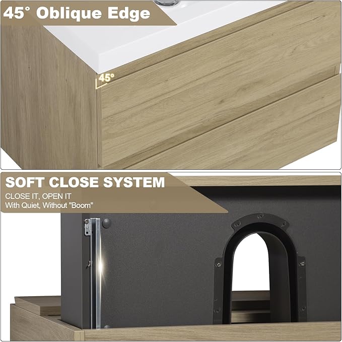 Floating Vanity Bathroom, 30 Inch Bathroom Vanity with Sink, Wall Mounted Single Sink Bathroom Vanity, Soft Closed 2 Drawers, Integrated Sink (Natural Oak)