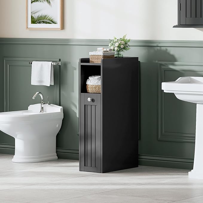 ChooChoo Slim Bathroom Storage Cabinet with Slide Out Drawers | Narrow Storage Organizer with Hidden Storage, Freestanding Toilet Paper Holder, Bathroom Cabinet for Small Places, Black