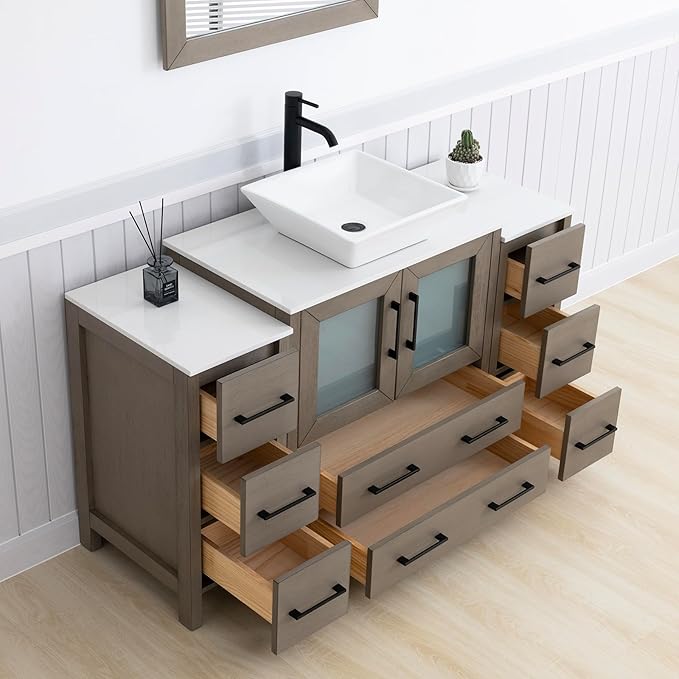 Vanity Art 54 Inch Vessel Single Sink Bathroom Vanity Cabinet with 1 Mirror, Engineered Marble Top Bathroom Cabinet Compact Set with 8 Dovetail Drawers and Soft Closing Doors, VA3130-54DG