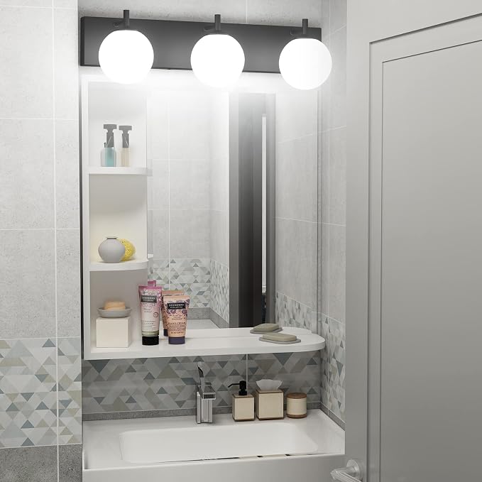Aipsun Matte Black Vanity Light 3 Lights Modern Bathroom Light Fixture Over Mirror with Milky White Glass Shades, Black Wall Light for Bathroom (Exclude Bulb)