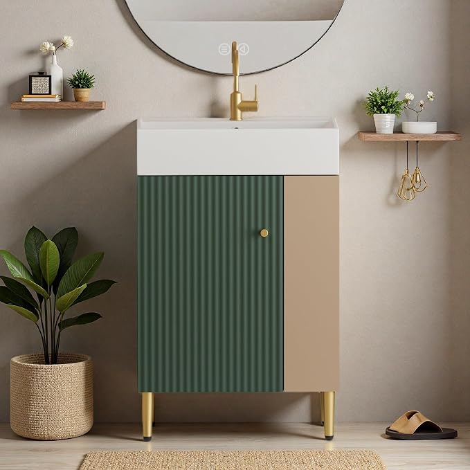 21.6" Freestanding Bathroom Vanity with Ceramic Sink, Green | Ceramic Sink, Wave-Pattern Door & Two-Layer Right Open Compartment, Bathroom Storage Cabinet, Easy Installation