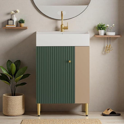 21.6" Freestanding Bathroom Vanity with Ceramic Sink, Green | Ceramic Sink, Wave-Pattern Door & Two-Layer Right Open Compartment, Bathroom Storage Cabinet, Easy Installation