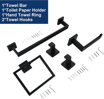 5 Pieces Bathroom Hardware Accessories Set Matte Black, 16Inch Square Towel Racks Set for Bathroom, SUS304 Stainless Steel Towel Bar Set, Bath Accessories Sets Wall Mounted
