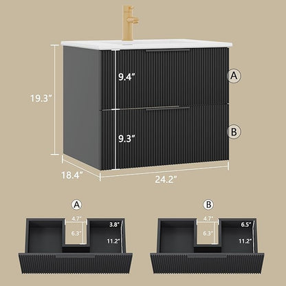 Pipleo 24" Bathroom Vanity Cabinet with Sink and Faucet, Wall Mounted Floating Bathroom Vanity with 2 Big Drawer and Metal Handles (Black, 24")
