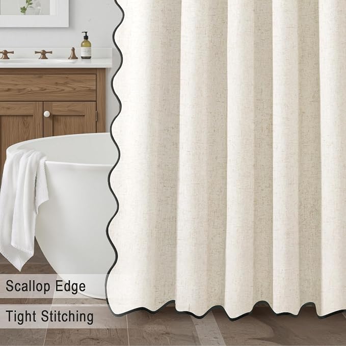Scalloped Shower Curtain Linen Boho Flax White 72" W x 72" L | Linen Fabric, Black Border, Washable, Heavy Duty Cloth, Shower Curtain for Boho Farmhouse Bathroom Bathtub