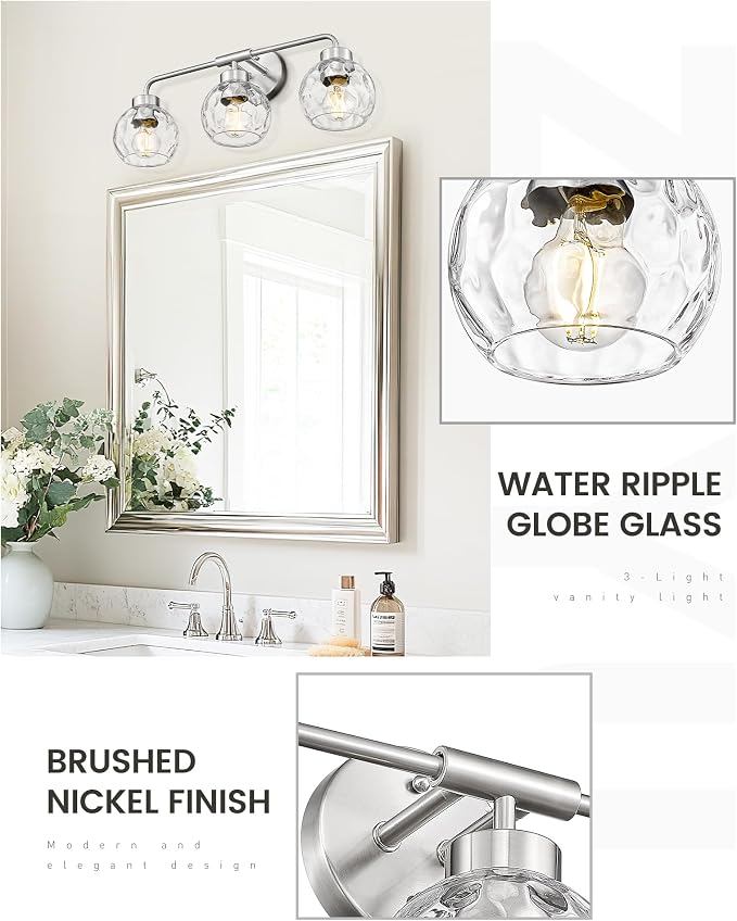zeyu Brushed Nickel Bathroom Light Fixtures, 23 Inch 3-Light Modern Vanity Light Over Mirror with Water Ripple Globe Glass, Brushed Nickel Finish, ZS62BG-3W BN-WG