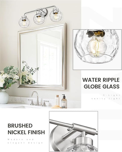 zeyu Brushed Nickel Bathroom Light Fixtures, 23 Inch 3-Light Modern Vanity Light Over Mirror with Water Ripple Globe Glass, Brushed Nickel Finish, ZS62BG-3W BN-WG