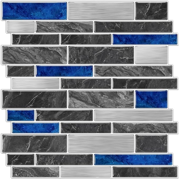 Alwayspon 10 Sheets 12" x12inch Blue Marble Effect Vinyl Tiles, Backsplash, Self-Adhesive Peel and Stick Wall Tile Stickers, Stick on Subway Tiles for Kitchen Bathroom Wall Decor