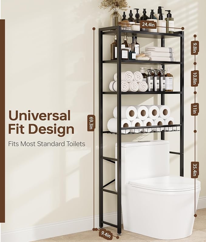 4-Tier Over-the-Toilet Storage Rack with One-Piece Wooden Shelves & Open Net Basket, Bathroom Organizer with Adjustable Feet & Anti-Tip Kit, Space-Saving Toilet Shelf, Brown, 24.4" x 9.4" x 69.3"
