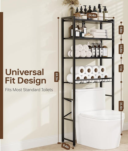 4-Tier Over-the-Toilet Storage Rack with One-Piece Wooden Shelves & Open Net Basket, Bathroom Organizer with Adjustable Feet & Anti-Tip Kit, Space-Saving Toilet Shelf, Brown, 24.4" x 9.4" x 69.3"