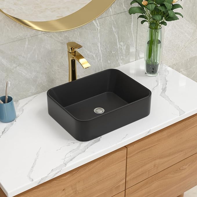 Lordear Black Vessel Sink 19"x15" Bathroom Sink Rectangle Above Counter Black Porcelain Ceramic Vessel Vanity Sink Art Basin
