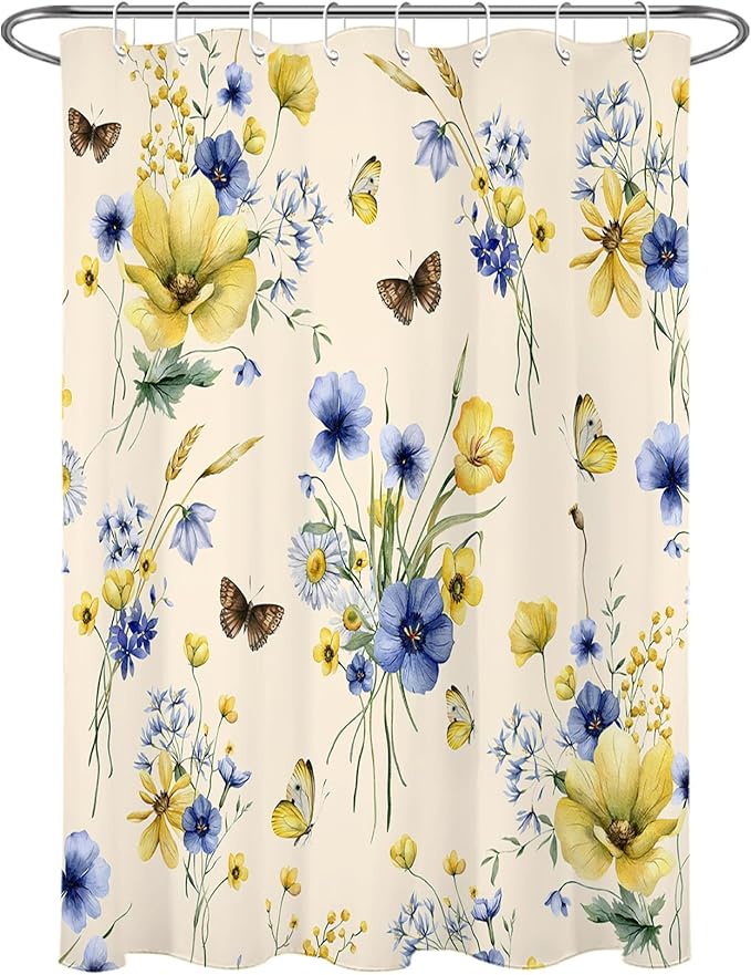 HVEST Wildflower Shower Curtain for Bathroom, Blue and Yellow Floral and Wheat with Butterfly Shower Curtain with Hook, Country Daisy Flower on Beige Shower Curtain Set Bathroom Decor, 48X72 inch
