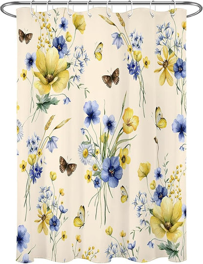 HVEST Wildflower Shower Curtain for Bathroom, Blue and Yellow Floral and Wheat with Butterfly Shower Curtain with Hook, Country Daisy Flower on Beige Shower Curtain Set Bathroom Decor, 48X72 inch