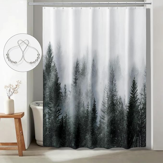 ORTIGIA 84 Inch Long Dark Green Misty Forest Shower Curtain for Bathroom, Nature Woodland Shower Curtain Set with Metal Hooks, Decorative Pine Tree Fog Magic Bath Curtain, Weighted, 72x84