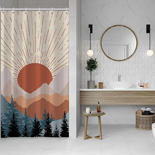 Abstract Mid Century Shower Curtain Boho Sunset Geometric Mountain Forest Aesthetic Bath Curtain Minimalist Home Decor Waterproof Fabric with Hooks 36x72 inch
