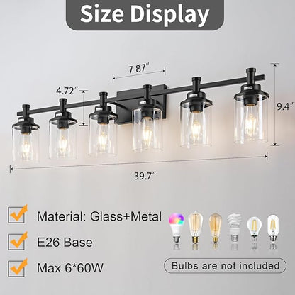 Modern Black Bathroom Vanity Lighting Over Mirror,6 Lights Bathroom Vanity Lights with Clear Glass Shade, Metal Vanity Lights for Bathroom,Bedroom,Living Room