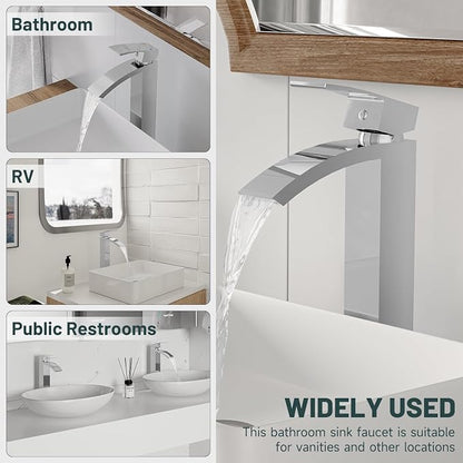 Chrome Vessel Sink Faucet, Waterfall Bathroom Faucets | Brass, Tall Spout, 1 Hole Single Handle Bathroom Faucet, Modern Basin Taps with Supply Line, Pop Up Drain, Without Overflow