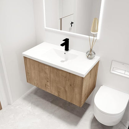 36" Floating Bathroom Vanity with Sink, 36 inch Sinle Sink Mordern Wall Mounted Bathroom Vanity Combo, Brown Bath Wall Hung Cabinet Set with Storage (006-Imitative Oak, 36 * 18)
