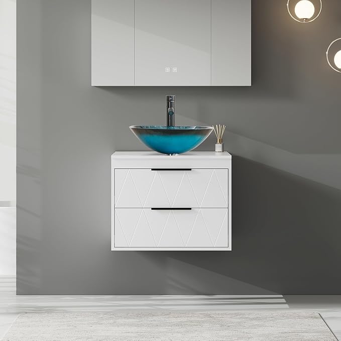 eclife 24" Floating Bathroom Vanities with Sink Combo, Wall Mounted Modern Cabinet W/Diamond Line Pattern Design, Turquoise Square Glass Vessel Sink W/Water Save Faucet & Pop Up Drain, White