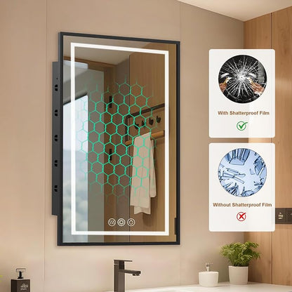 LED Medicine Cabinet Mirror, 22x30 Black Bathroom Storage Cabinet | Anti-fog mirror, Dimmable & 3 color lighting, adjustable shelves, plug in & wall switch, recessed & wall mounted installation