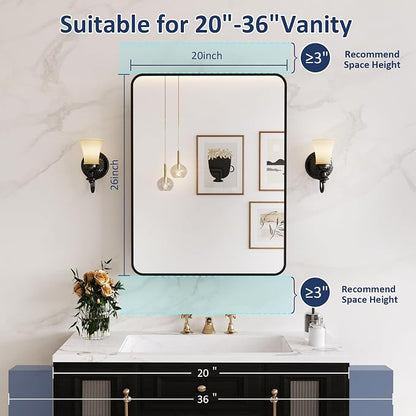 Medicine Cabinet Mirror 20x26 Inch, Black Bathroom Mirror Cabinet with Stepless Adjustable Shelves, Rounded Rectangle Metal Framed, Bathroom Mirror with Storage Recessed or Wall Mount