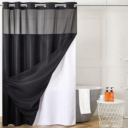 Furlinic Extra Long No Hook Waffle Weave Shower Curtain with Snap in Fabric Liner Set,Heavy Duty Bathroom Curtains with See Through Window,Machine Washable & Waterproof,Black,71x84 Inch