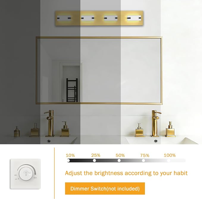 LED Gold Bathroom Light Fixtures, 4-Light 27W 5CCT Modern Vanity Lights | NOVELUX LED Gold Bathroom Light Fixtures, 4-Light Modern Vanity Lights , ETL Listed, 27W 5CCT Adjustable