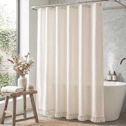 Linen Shower Curtain Boho Cream Shower Curtain with Tassels 72"W x 78"L | Thick linen-poly blend, soft textured drape, handcrafted fringe, neutral rustic farmhouse bathroom decor