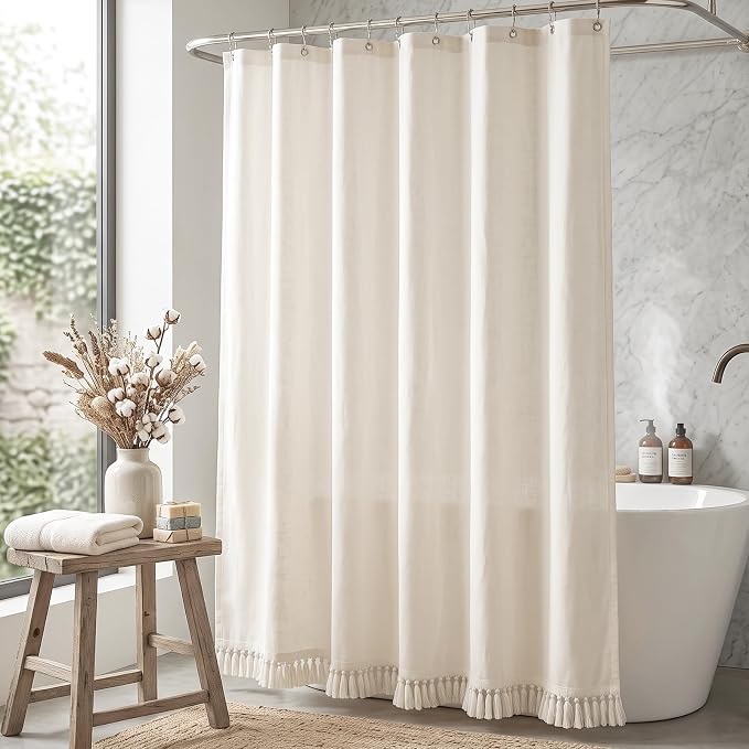 Linen Shower Curtain Boho Cream Shower Curtain with Tassels 72"W x 72"L | Thick linen-poly blend, soft textured drape, handcrafted fringe, neutral rustic farmhouse bathroom decor