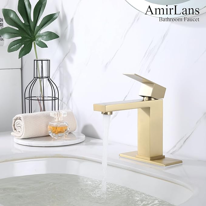 Brushed Gold Bathroom Faucets Single Hole, Single Handle Stainless Steel Faucet for Bathroom Sink with Pop Up Stopper, Gold Vanity Faucet AML-1141-BG