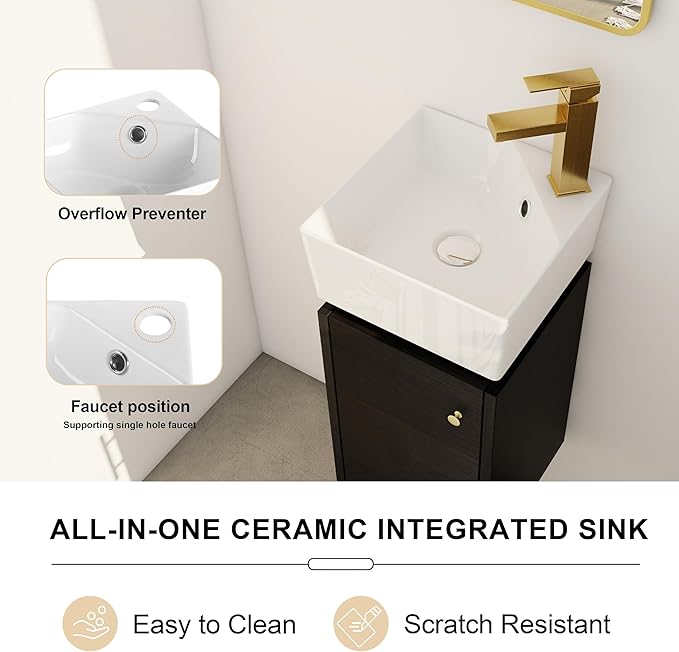 SSLine Modern 12" Floating Bathroom Vanity with Sink Wall Mounted Small Bathroom Vanity Cabinet with Top Basin Square Wood Bath Vanities w/Ceramic Sink for Small Space(Black Chestnut&Gold)
