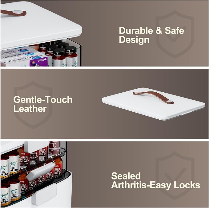 Spreezy 3-Tier Medicine Storage Box, Portable Empty First Aid Kit | Cabinet with Leather Handles. Large Capacity Multifunctional Storage Box with Lid and Clasp for Medicine, Sewing, Art, Craft