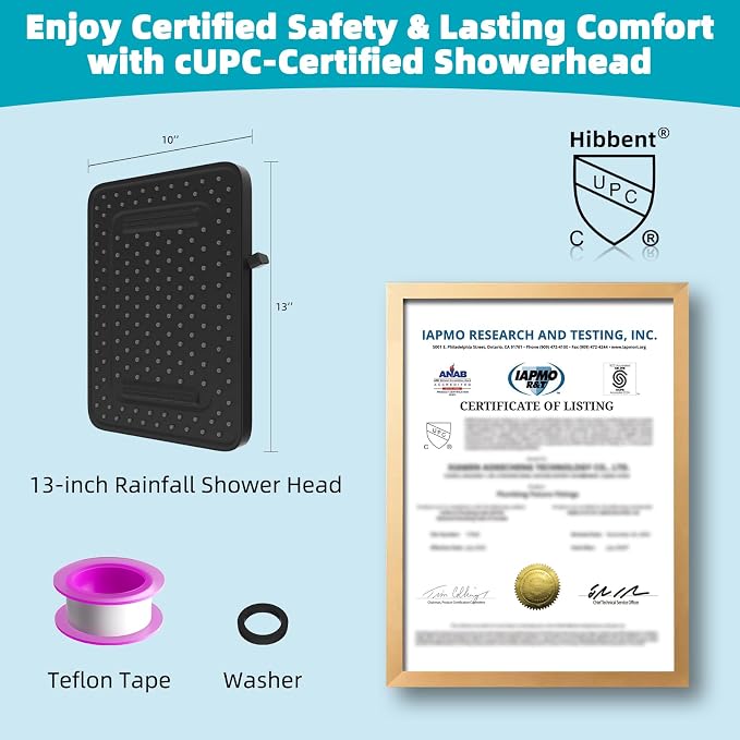 Hibbent cUPC Certified 5 Spray Modes Shower Head, 13'' High Pressure Large Rainfall Shower Head, High Flow Waterfall Bathroom Fixed Showerheads, Adjustable Swivel Ball Joint, Matte Black